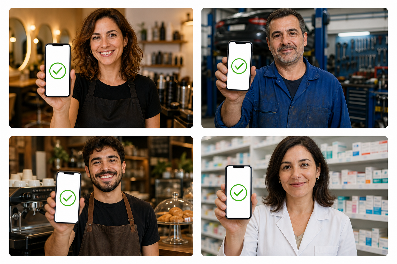 Distintos negocios españoles fichando en su móvil: peluquería, taller mecánico, cafetería y farmacia.